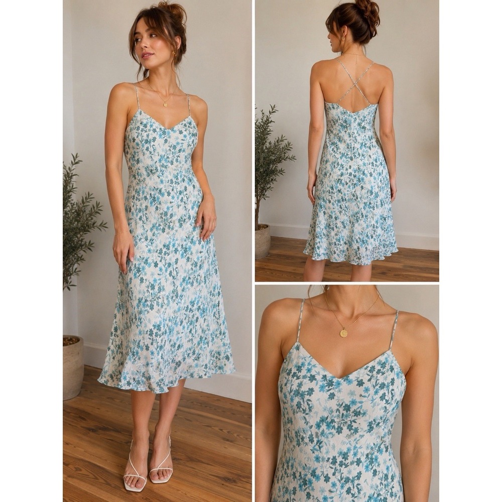 David Warren New York 14P Silk Ditsy Floral Midi Dress Ruffled Hem Feminine